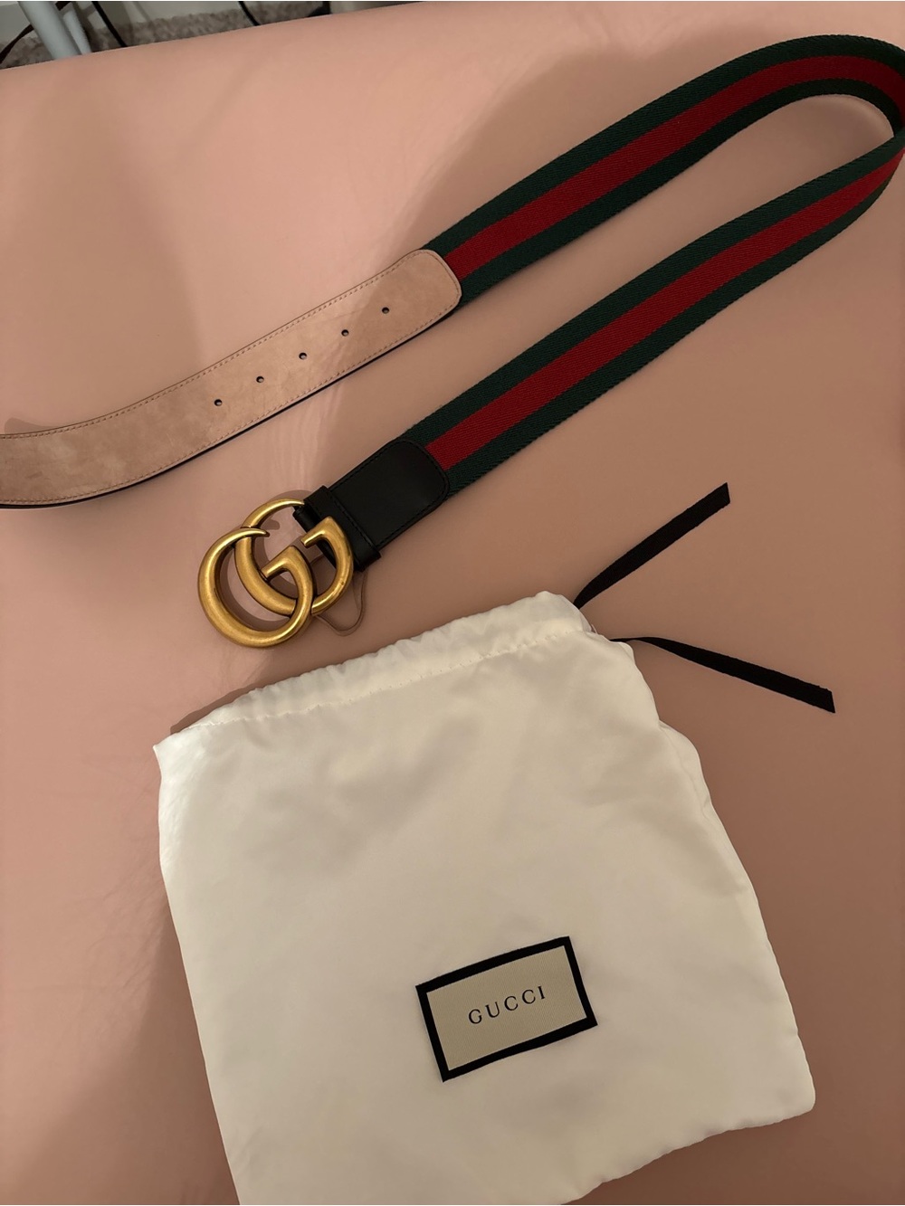 Gucci Red & Green Web Stripe Leather Trim Belt with Gold Double G Buckle